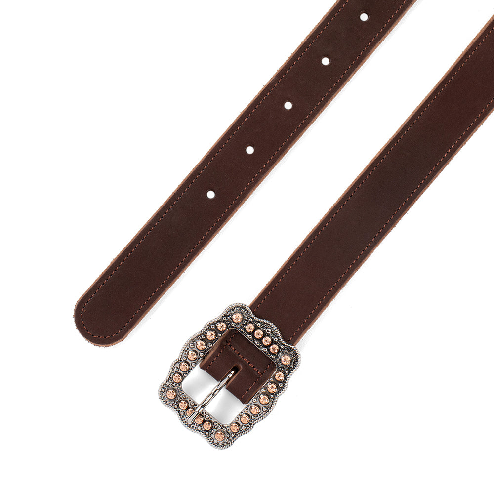 The Lennon Suede by Hanks Belts is a soft suede Western belt with white stitching and a rose gold buckle accented with small, round embellishments.