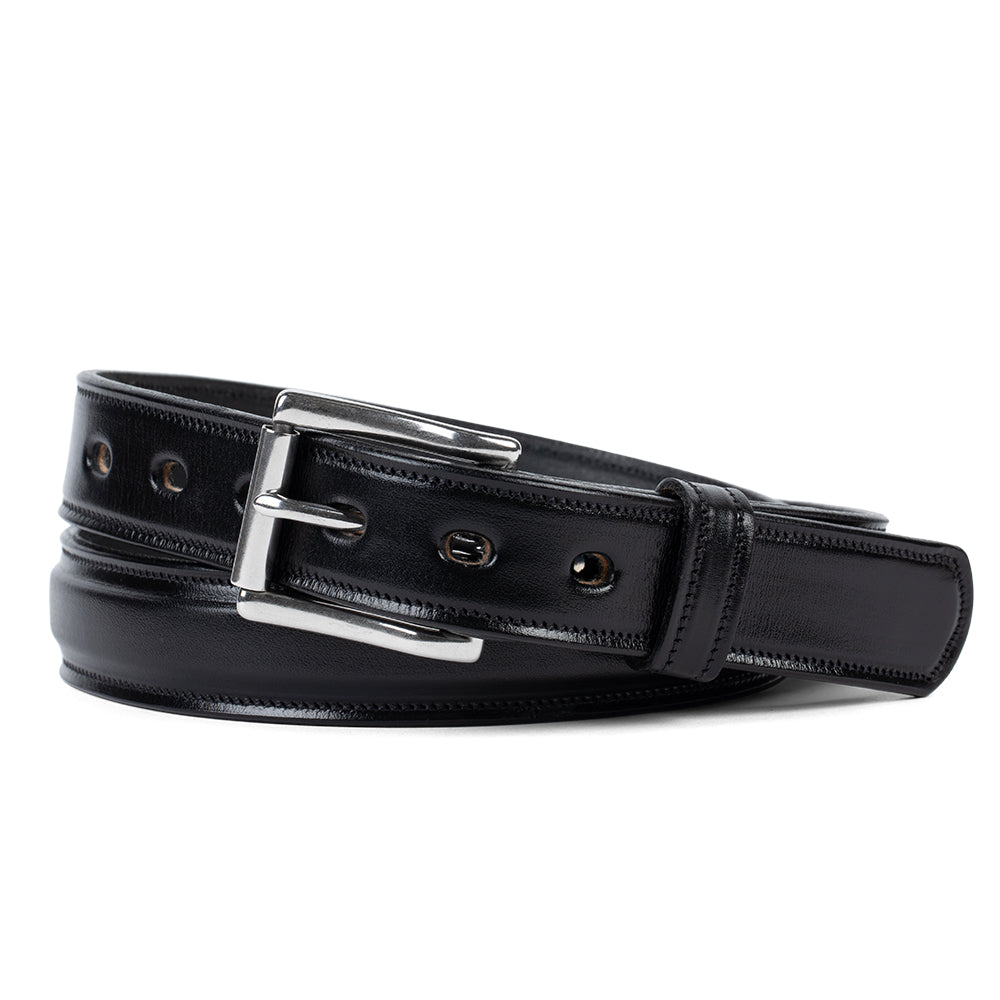 The Esquire Raised by Hanks Belts is a black belt crafted from English Bridle leather, featuring a glossy finish, shiny silver rectangular buckle, and multiple adjustment holes.