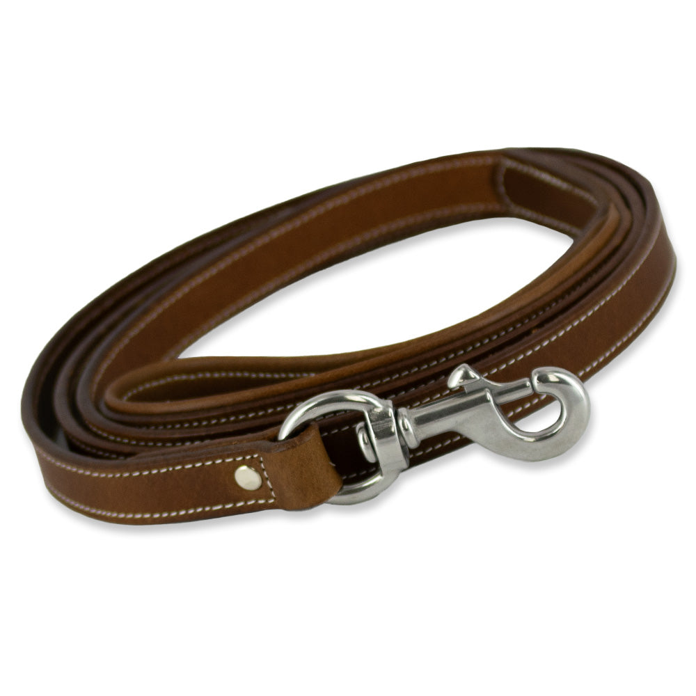 A coiled Kodak Bison Leash by Hanks Belts, made of premium bison leather with white stitching and a stainless steel clasp, is displayed on a white background.