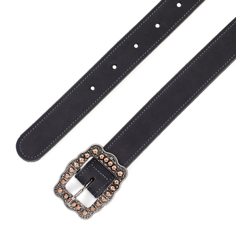 The Lennon Suede by Hanks Belts: a black suede Western belt with white stitching, rose gold buckle embellished with gold and bronze gemstones, and multiple adjustment holes, shown laid flat.