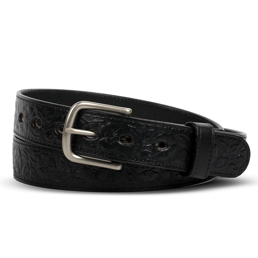 The Floral Embossed by Hanks Belts is a black full-grain leather belt with a silver buckle and an embossed floral pattern, coiled neatly on a white background.