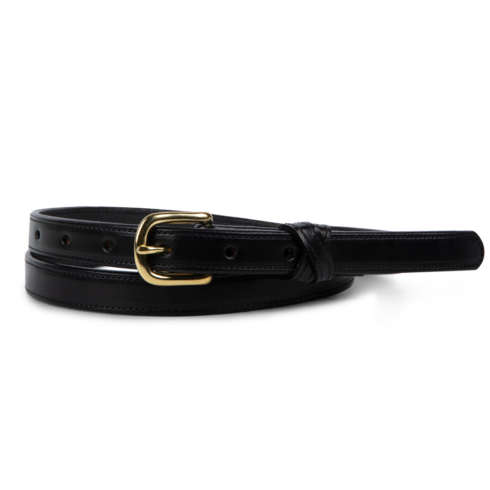 The Dixie by Hanks Belts is a black women's belt, crafted from premium English Bridle leather with a gold buckle, coiled on a white background—a showcase of fine American craftsmanship.