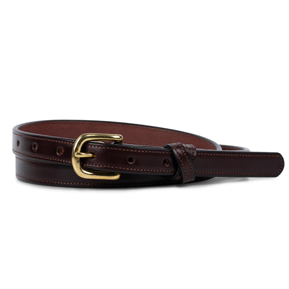 The Dixie by Hanks Belts, shown coiled against a white background, is a Havana women’s belt made from premium English Bridle leather with visible stitching and a gold-colored buckle, highlighting American craftsmanship.