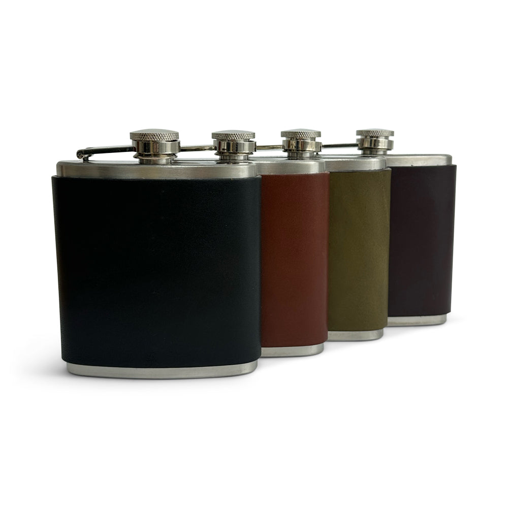 Four flasks on white background shown in black, brown, havana, and olive
