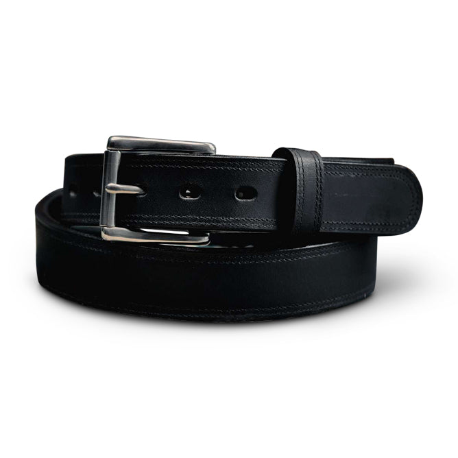 The Montana Bison Double Layer by Hanks Belts is a rugged black belt, crafted from bison leather with a stainless steel buckle, shown coiled in a circle on a white background.
