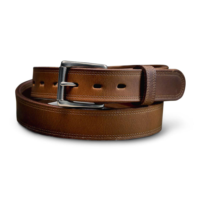 The Montana Bison Double Layer by Hanks Belts in Peanut is a rugged bison leather belt with a silver rectangular buckle, visible edge stitching, and multiple adjustment holes, shown loosely coiled.