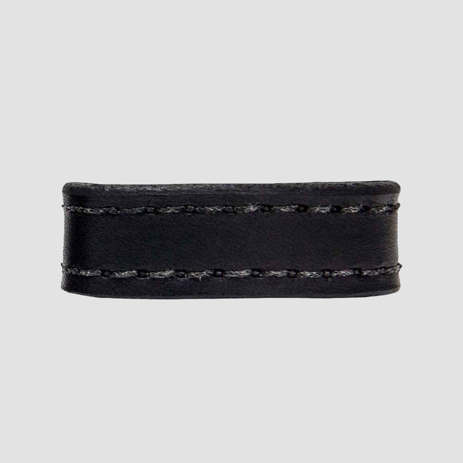 A close-up of the Hanks Belts 1.5" Stitched #2 Keeper, featuring black vegetable tanned leather with visible top and bottom stitching, set against a plain light gray background.