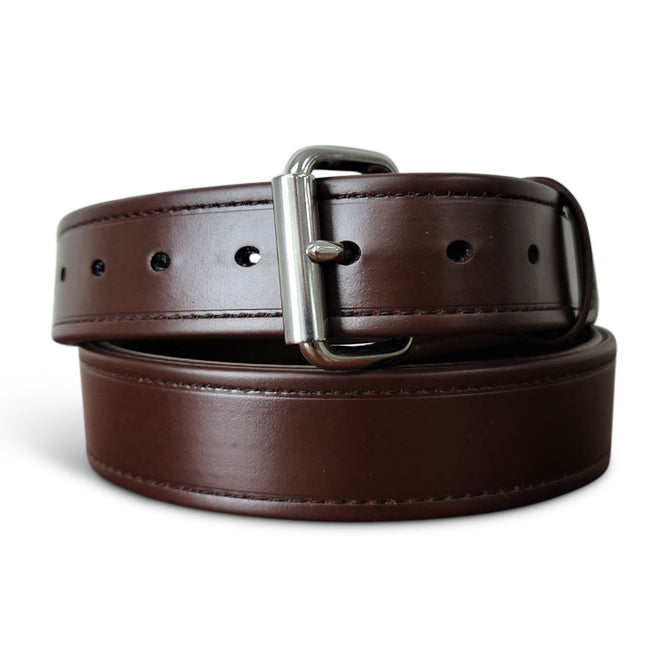 The Hanks Belts Sweat & Waterproof Belt Synthetic Double Layer in brown features a silver buckle and evenly spaced holes, coiled and displayed against a white background.