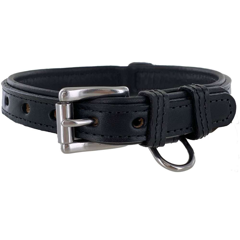 The Rover Standard Collar by Hanks Belts is a premium leather collar made in the USA. This black collar features a silver metal buckle for fastening and an adjustable strap with several holes. It also includes stainless steel hardware and a silver D-ring for attaching a leash or ID tag, showcasing its well-crafted and sturdy design.