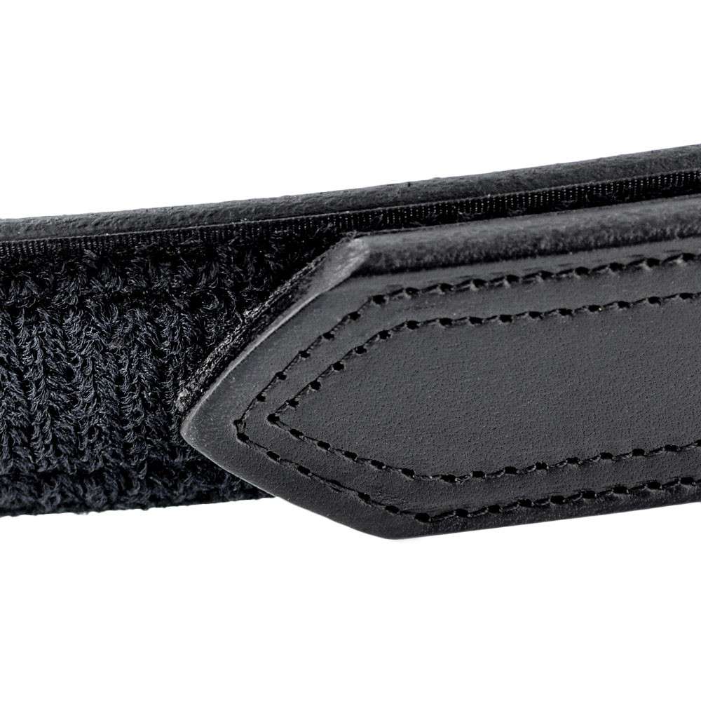 Close-up of Hanks Belts' The Scratchless Mechanics: a black mechanics belt featuring textured fabric and a pointed genuine full grain leather tip with visible edge stitching.