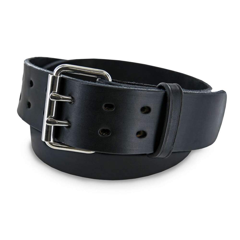 The Marshall by Hanks Belts is a black Garrison Style leather belt with a double-prong silver buckle and multiple adjustment holes—ideal for casual wear or as a dependable CCW gun belt.