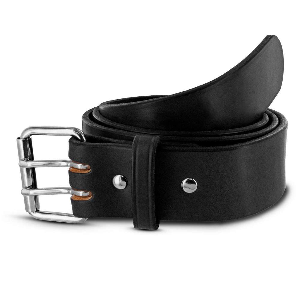 The Marshall by Hanks Belts—a black leather CCW gun belt with a silver double prong buckle—rolled up on a white background.