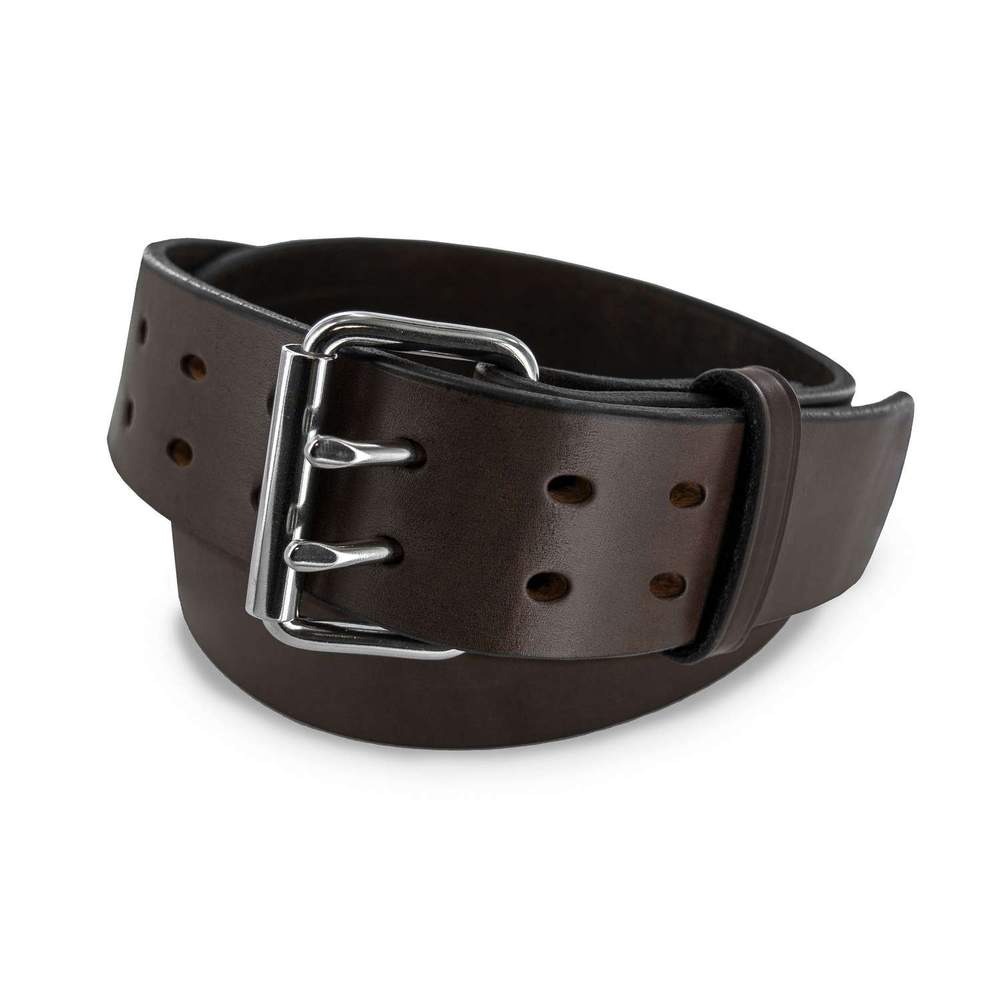 The Marshall by Hanks Belts is a brown leather Garrison Style Belt with a silver double-prong buckle and multiple holes, perfect for concealed carry as a CCW Gun Belt.