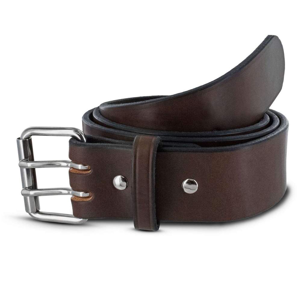 The Marshall by Hanks Belts is a rolled-up dark brown leather Garrison style belt with a silver double-prong buckle and two metal rivets, designed as an ideal CCW gun belt for concealed carry.