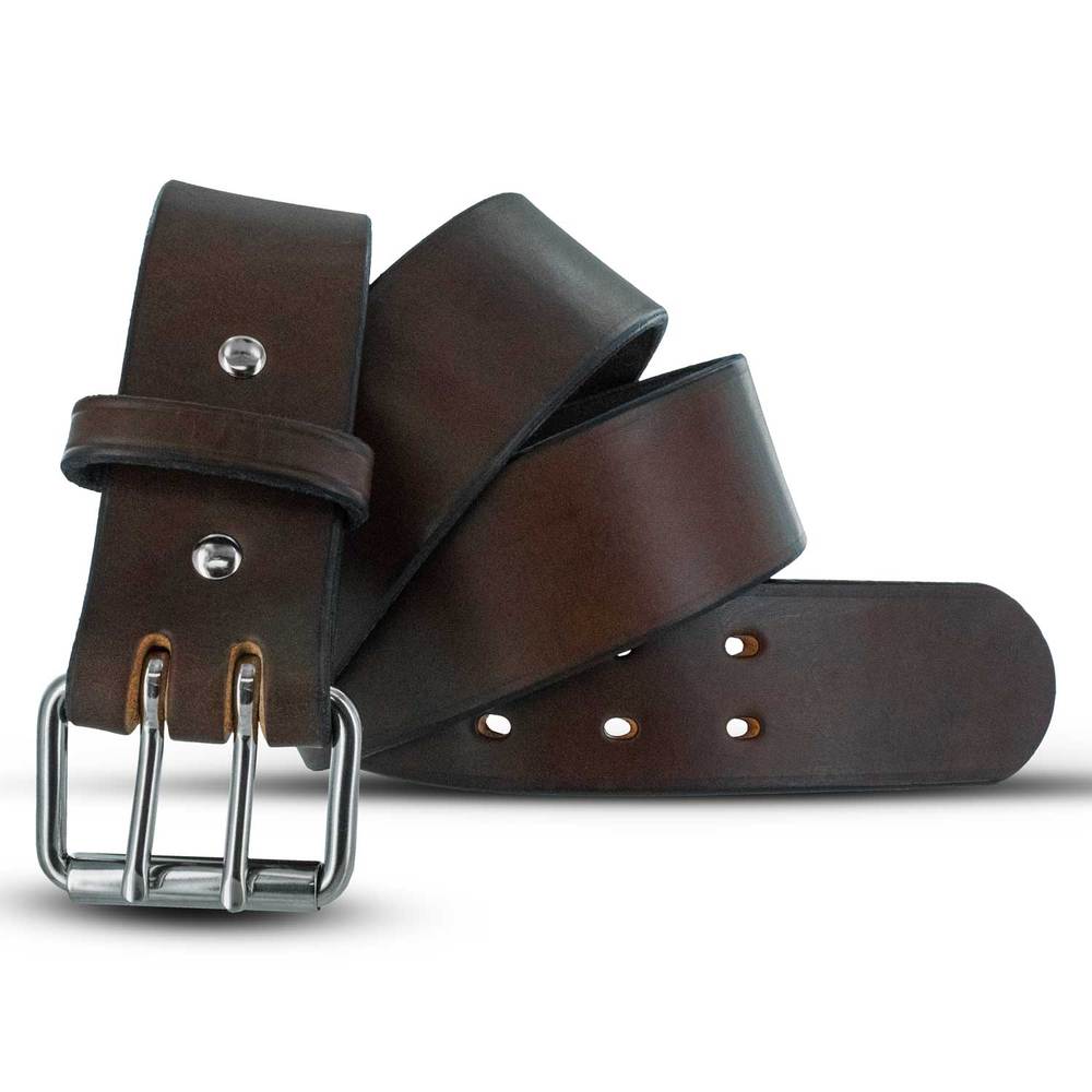 The Marshall by Hanks Belts is a dark brown CCW gun belt with a silver double-prong buckle, multiple adjustment holes, and a polished finish—coiled on a white background. Ideal for concealed carry without sacrificing style.