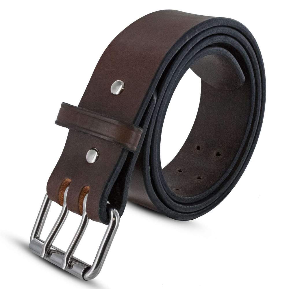 The Marshall by Hanks Belts is a dark brown leather Garrison Style Belt with a silver buckle and two rivets. It features a smooth finish, multiple adjustment holes, and is perfect for concealed carry or use as a CCW gun belt.