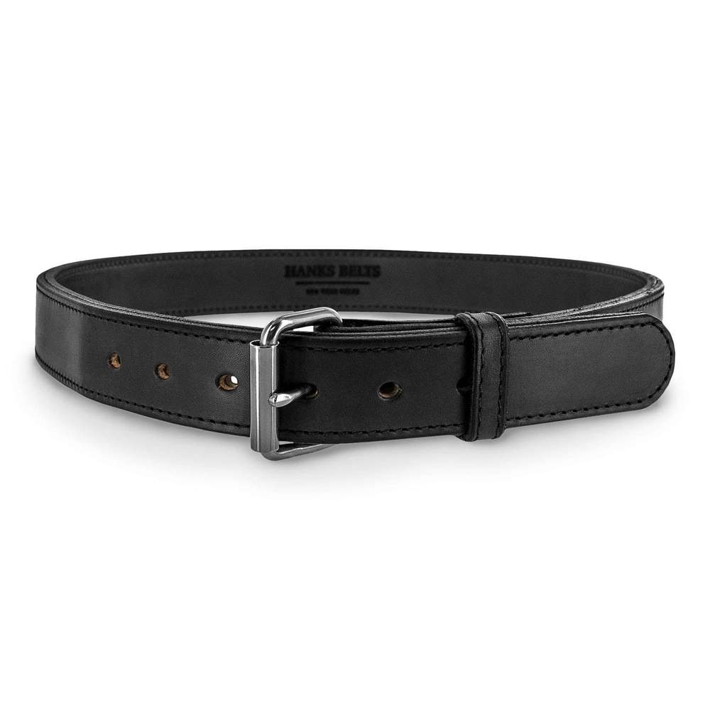 The Steel Core Belt - 1.5" by Hanks Belts is shown coiled, featuring black leather, a silver buckle, multiple adjustment holes, a smooth matte finish, and "HANKS BELTS" on the inside—crafted for superior durability.