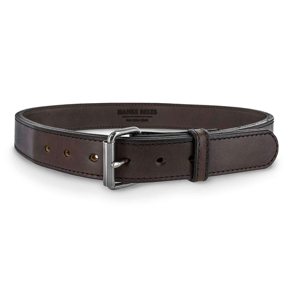 The Hanks Belts Steel Core Belt - 1.5" is a brown leather CCW belt with a silver rectangular buckle, five adjustment holes, visible edge stitching, and is shown on a white background.