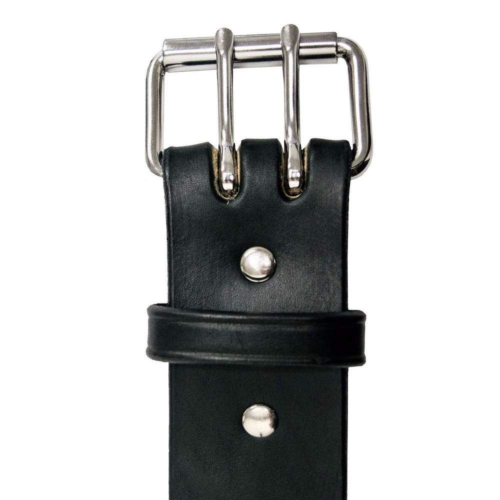 Close-up of The Marshall by Hanks Belts, a black leather CCW gun belt with double prongs, silver buckle, two silver rivets, and a leather loop near the buckle.