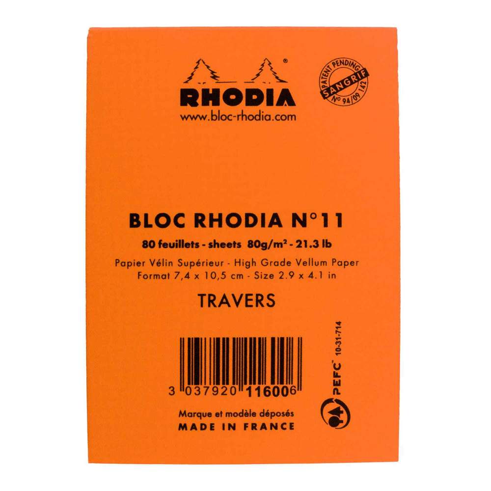The Replacement Rhodia Notepad for Hanks Notesman by Hanks Belts showcases a vibrant orange cover with black text detailing its features. Inside, you'll find 80 sheets of high-grade, acid-free vellum paper, each measuring 7.4 x 10.5 cm. The cover also features barcodes, certification marks, and a "Made in France" label at the bottom—making it an ideal choice for any Hanks Notesman enthusiast.