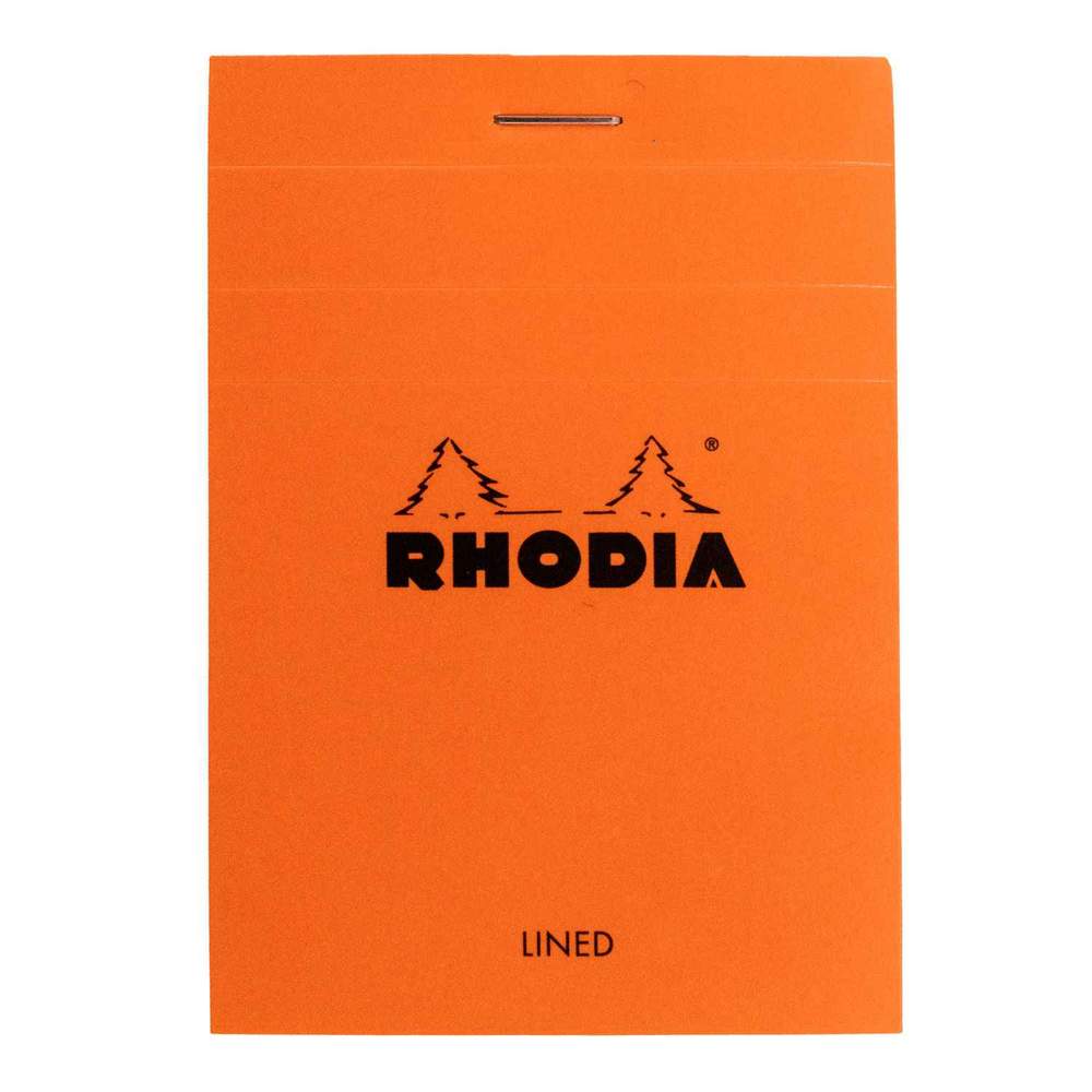 The Replacement Rhodia Notepad for Hanks Notesman by Hanks Belts comes in orange with a black logo of two evergreen trees above the word "RHODIA" and the word "LINED" printed at the bottom. It features three staple bindings at the top and is made with acid-free paper.