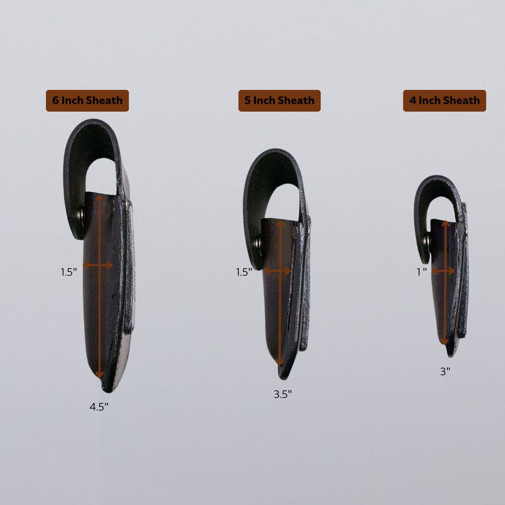Three USA-made Hanks Belts Canyon Utility Sheath and Mag Cases are shown upright against a plain background: 6&quot; (4.5&quot;x1.5&quot;), 5&quot; (3.5&quot;x1.5&quot;), and 4&quot; (3&quot;x1&quot;), all crafted from quality bridle leather.