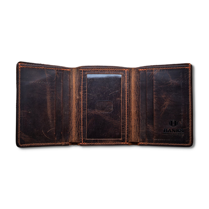 Hanks USA Made Bison trifold on Wooden background