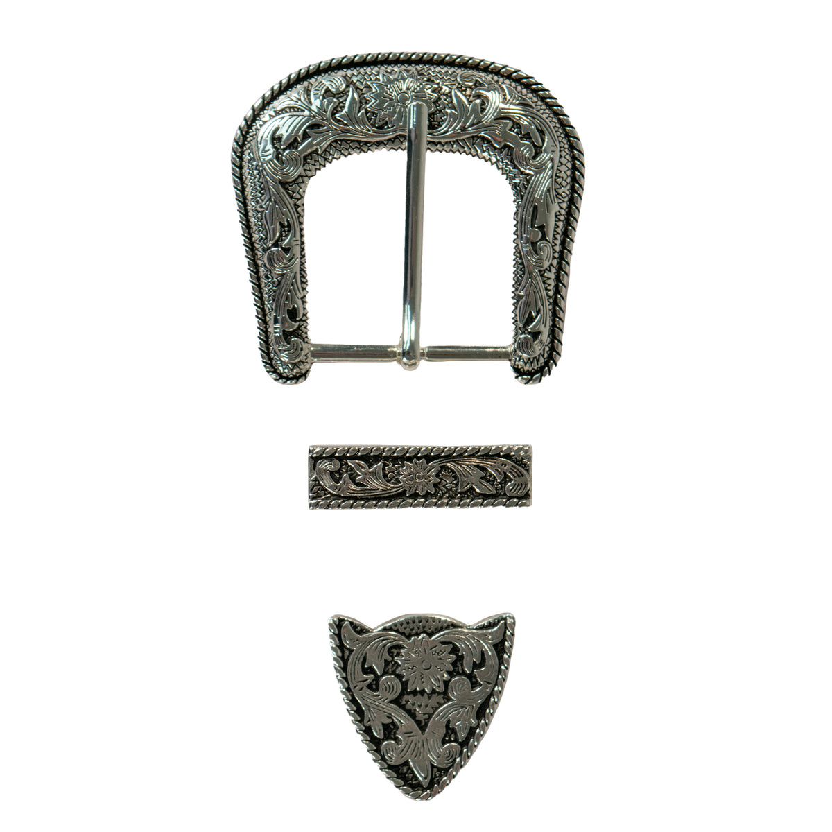 The Hanks Belts 1.5" Floral #21 Buckle Set features three engraved silver pieces: a large western buckle with floral patterns, a matching rectangular keeper, and an ornate pointed tip.