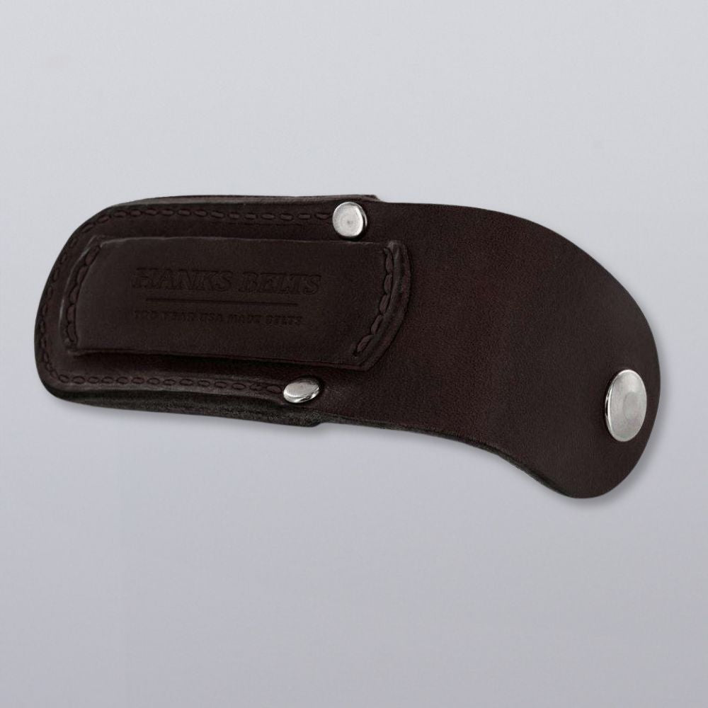 The Canyon Utility Sheath and Mag Case by Hanks Belts features dark brown USA-made bridle leather, stitching detail, silver snap buttons, and &quot;HANKS BELTS&quot; embossed, shown on a plain light gray background.