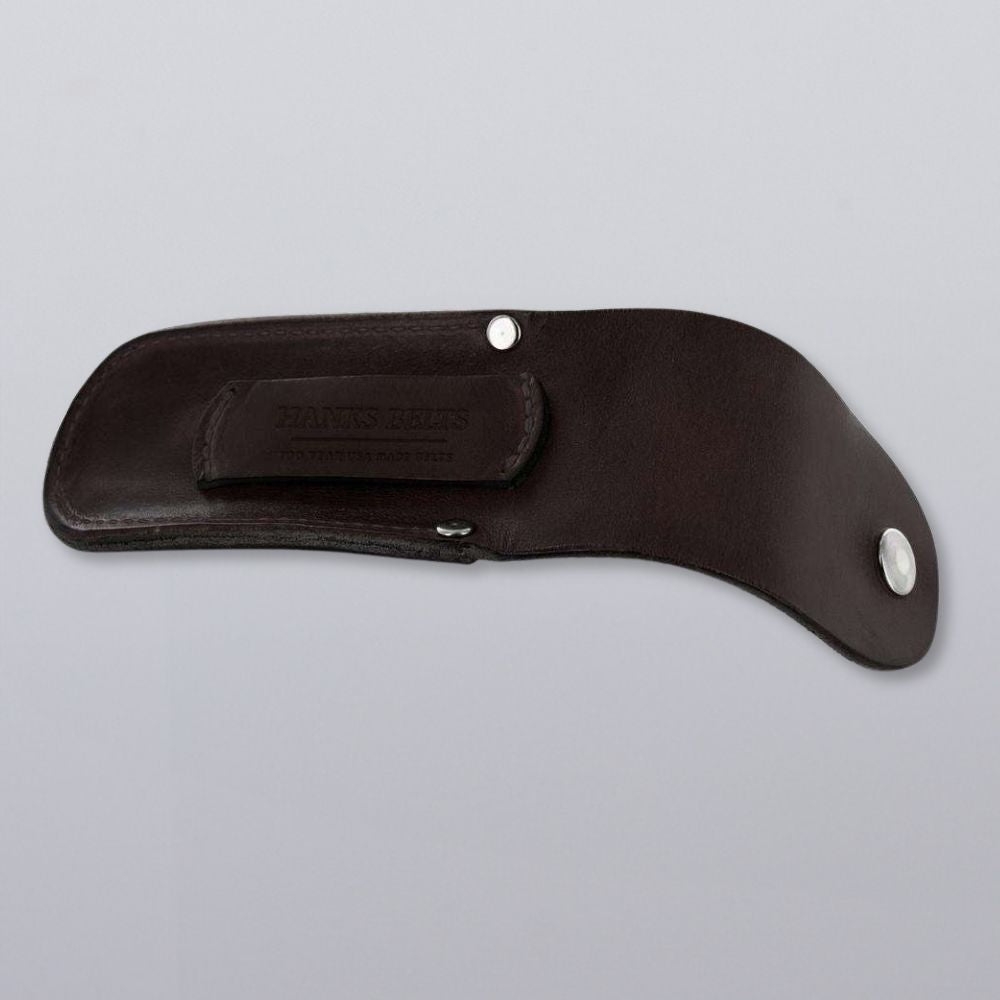 The Canyon Utility Sheath and Mag Case by Hanks Belts is a dark brown bridle leather sheath with a snap closure and belt loop embossed with &quot;HANKS BELTS,&quot; shown on a light gray background.