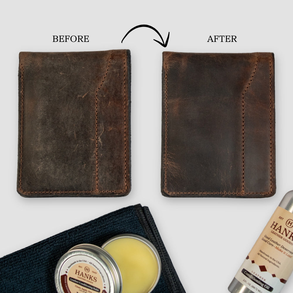 Before-and-after of a leather wallet: left side shows worn, scratched leather; right side looks darker, smoother, and polished. Below are Hanks Belts’ Leather Preserve Kit cleaner and conditioner products.