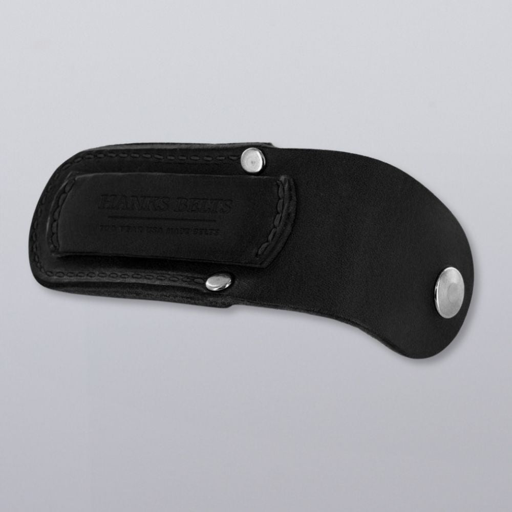 The Hanks Belts Canyon Utility Sheath and Mag Case is a black bridle leather belt sheath with visible stitching, silver rivets, and an embossed logo, handcrafted in the USA and shown on a plain light gray background.