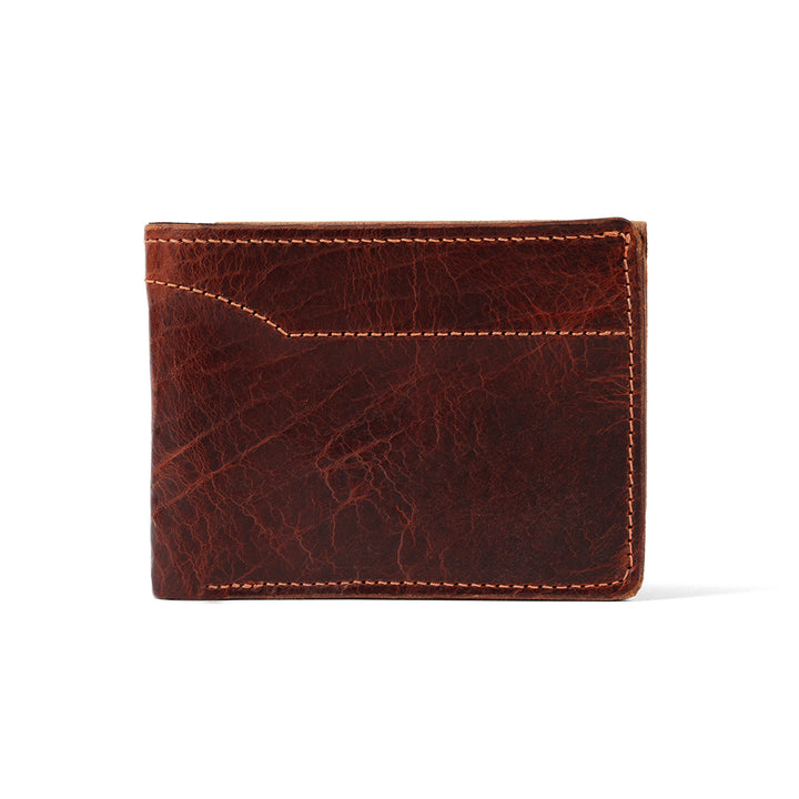 The Powell Bison Bifold with ID Window by Hanks Belts is a stylish brown bison leather wallet with visible stitching and a textured surface, featuring a small front pocket. It appears closed against a plain white background.