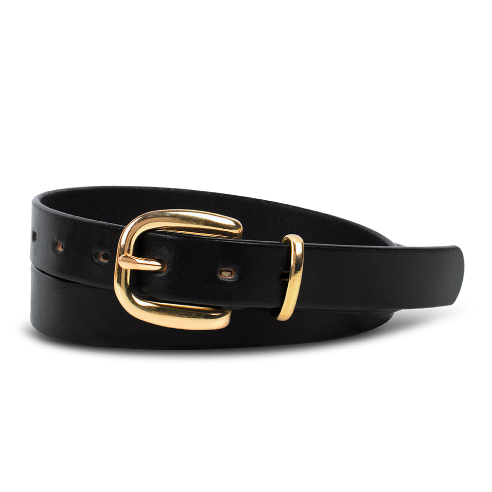 The Poppy - 1&quot; by Hanks Belts is a black premium leather belt featuring a shiny gold buckle and multiple adjustment holes—an elegant, versatile accessory for any wardrobe.