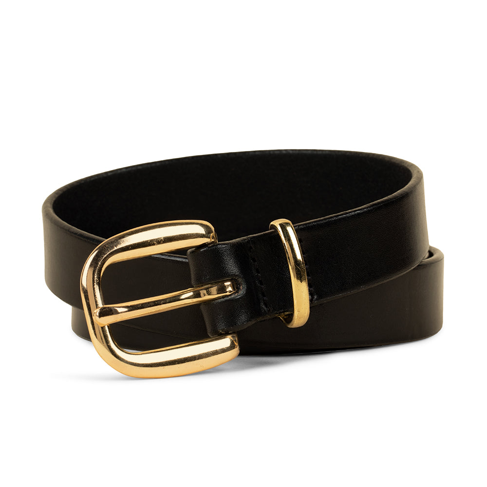 The Poppy - 1&quot; by Hanks Belts is a black premium leather belt with a shiny gold buckle and matching loop, coiled neatly on a white background—a versatile accessory for any wardrobe.