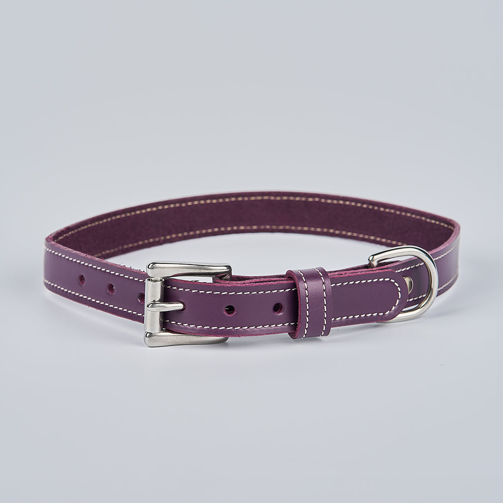 The Hanks Belts Old Reliable Collar is a purple premium vegetable-tanned leather dog collar with white stitching, a silver buckle, and D-ring, shown on a plain light gray background.