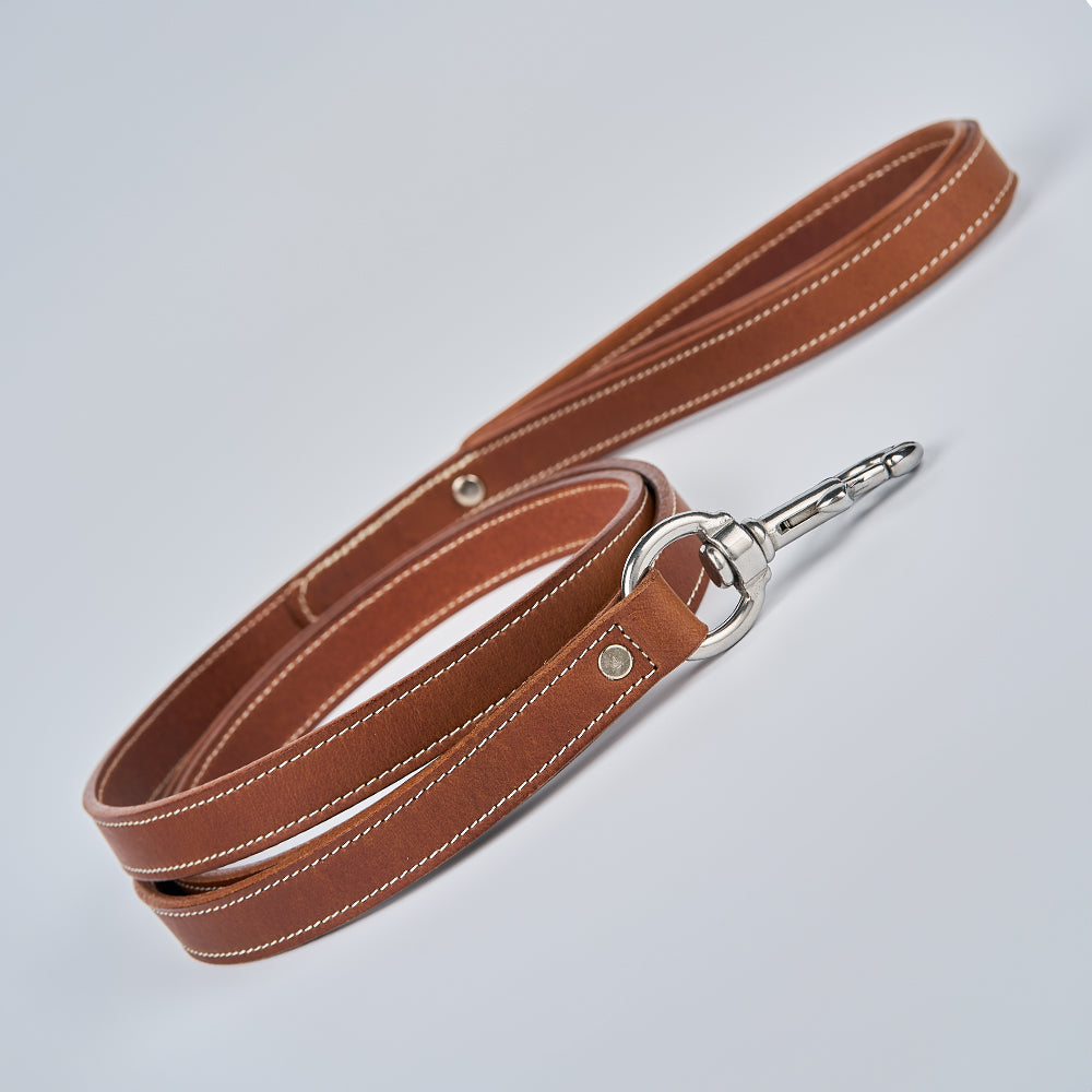 The Kodak Bison Leash by Hanks Belts is a brown leather dog leash with white stitching, metal clasp, and looped handle, coiled neatly on a light gray background.