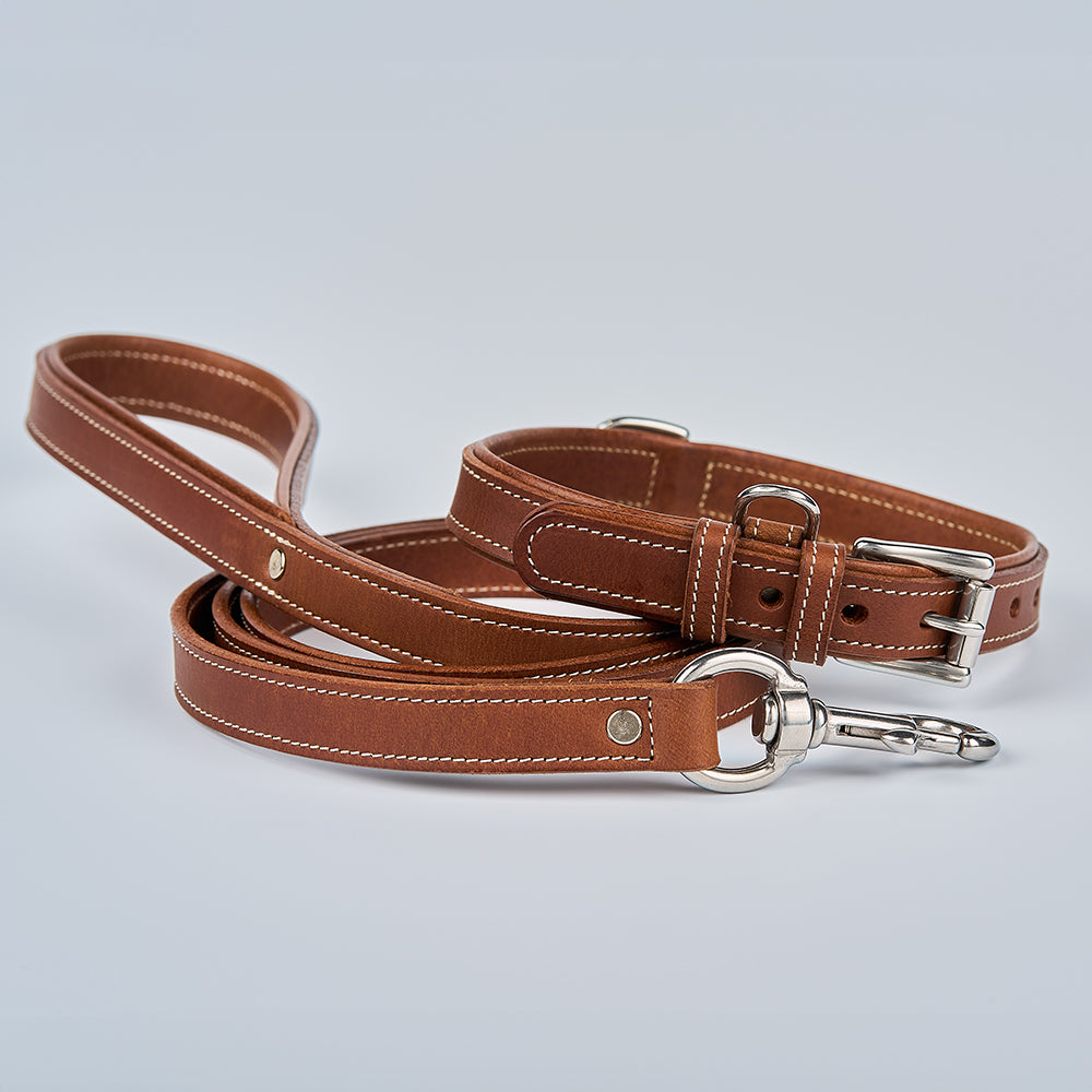 The Kodak Bison Leash by Hanks Belts is a brown bison leather set with white stitching, silver buckle, and metal clasp, shown on a light gray background.