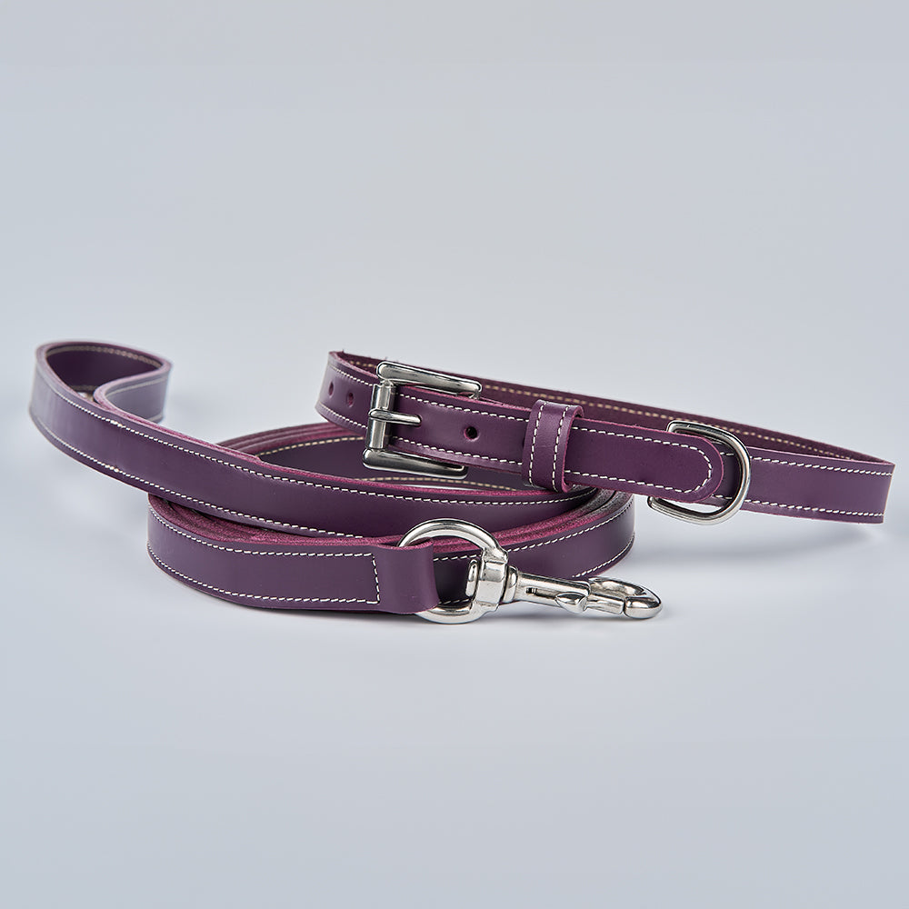 The Old Reliable Leash by Hanks Belts, crafted from purple English bridle leather with silver buckles and clips, is shown coiled on a light gray background. Made in the USA.