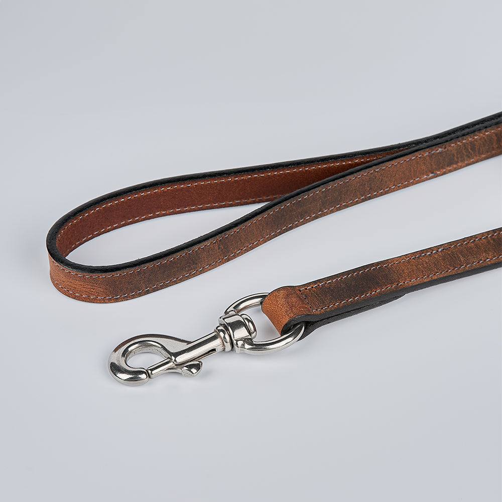 The Ollie Bison Leash by Hanks Belts features durable leather and a silver metal clasp, shown coiled on a light gray background.