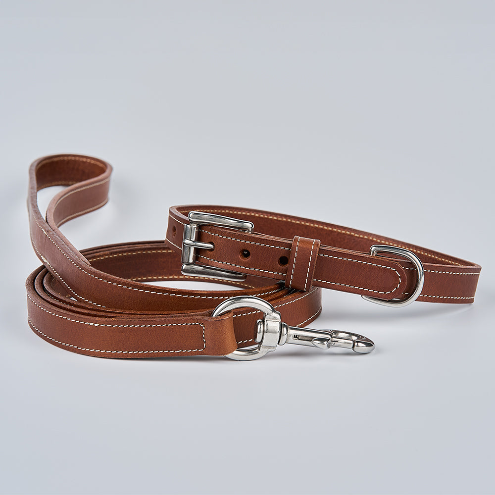 The Ollie Bison Leash by Hanks Belts—a USA-made bison leather dog leash with white stitching and silver hardware—is shown on a light gray surface.