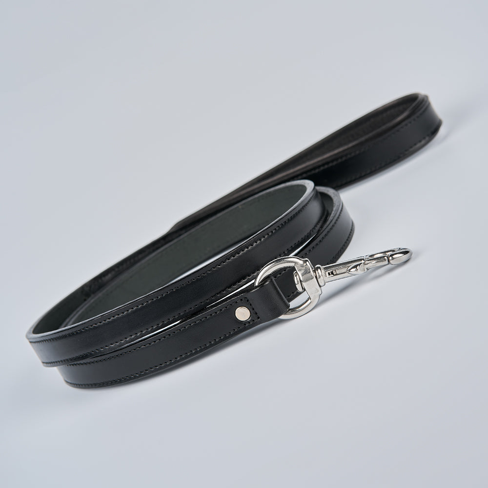 The Hanks Belts Rover Standard Leash, featuring black leather, a padded handle, and silver metal clasp, is shown coiled on a light gray background.