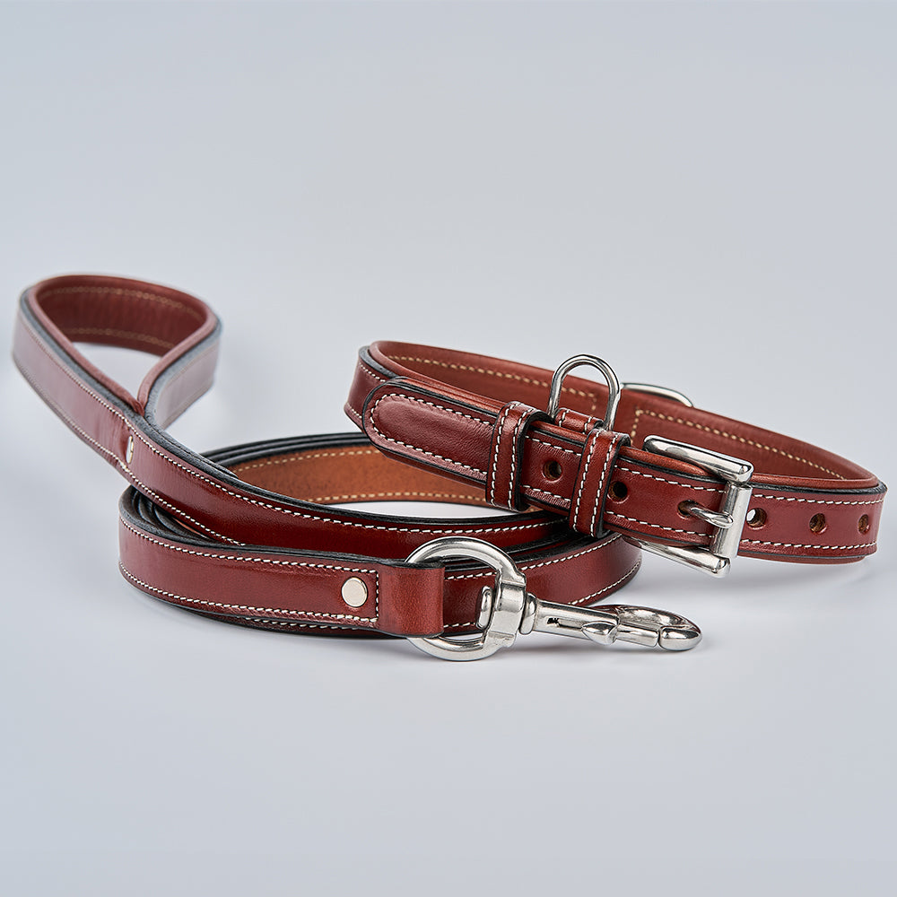 The Hanks Belts Rover Standard Leash and matching brown English bridle leather collar, both with silver hardware and a padded handle, are displayed on a light gray background.