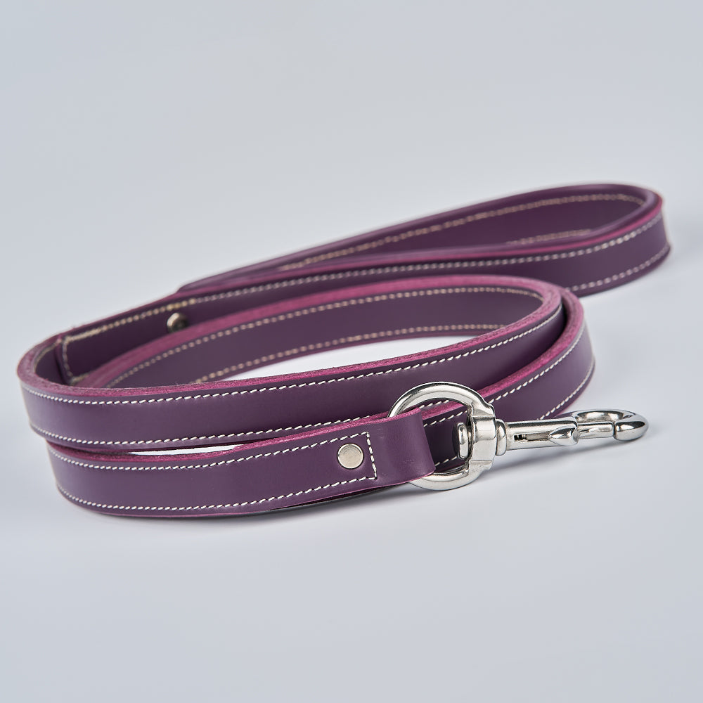 The Hanks Belts Rover Standard Leash, made from purple English bridle leather with white stitching and silver hardware, features a padded handle and is coiled neatly on a light gray background.