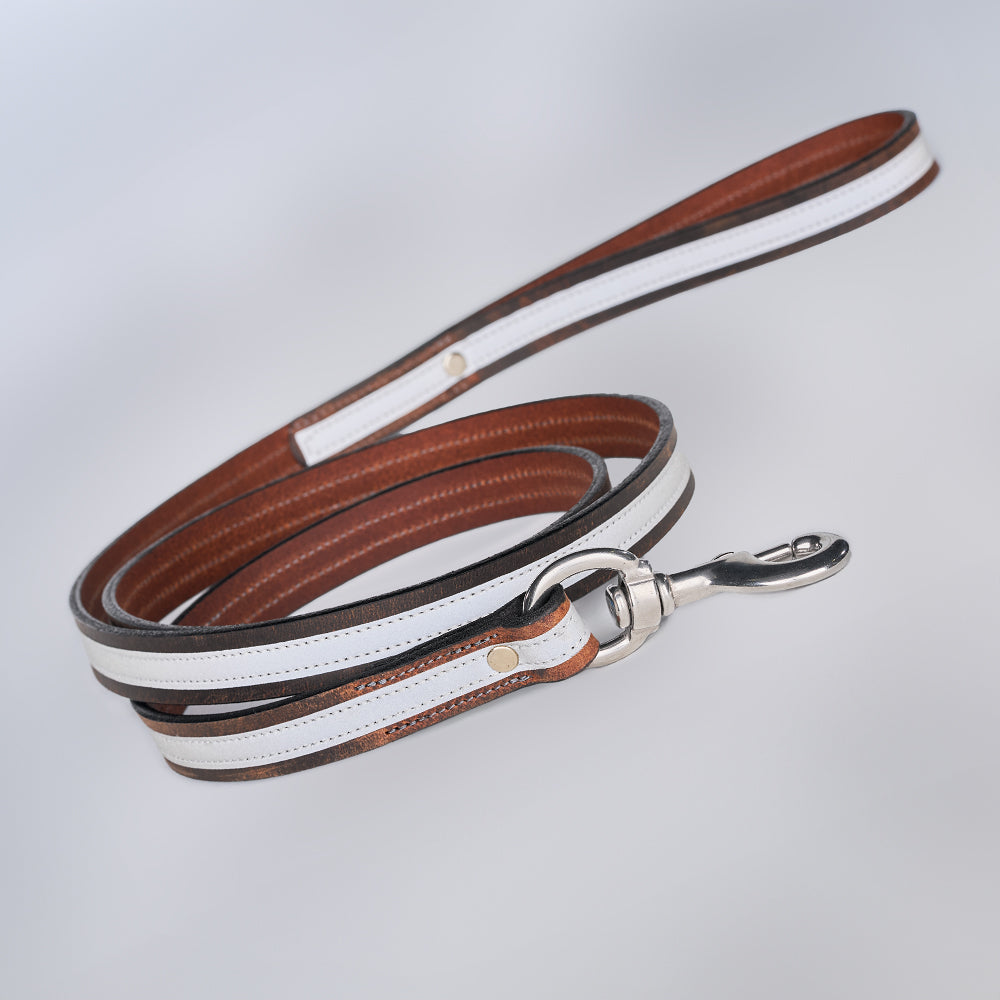The Remi Reflective Leash by Hanks Belts features brown leather, white edges, and a silver clasp, shown coiled on a light gray background.