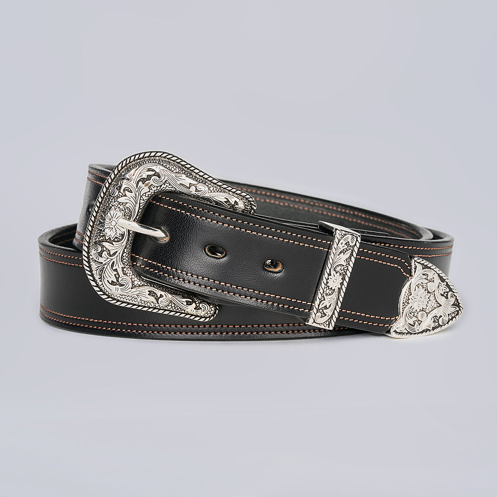 The Amarillo by Hanks Belts is a western belt made from black full-grain leather with brown stitching and an ornate engraved silver buckle, tip, and loop, shown coiled on a plain gray background.