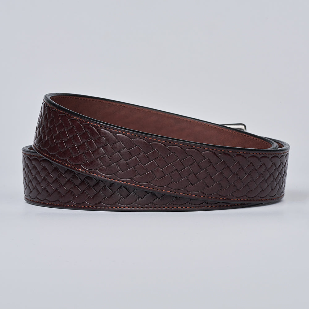 The Classic Basket Weave by Hanks Belts is a full-grain, dark brown, coiled leather belt with a basket weave pattern and no visible buckle, shown against a plain light gray background.