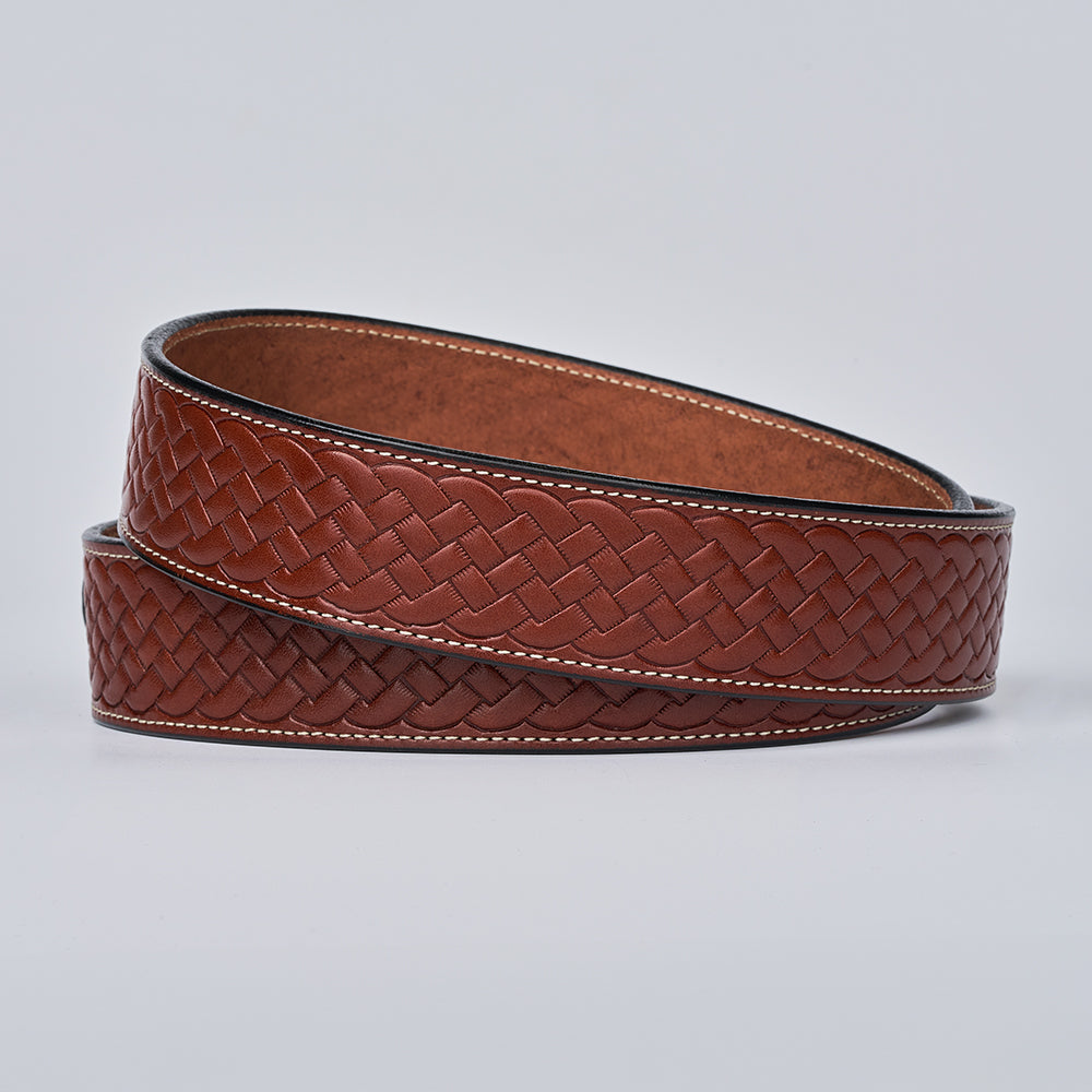 The Classic Basket Weave by Hanks Belts—a brown leather belt with white edge stitching—coiled on a light gray background.