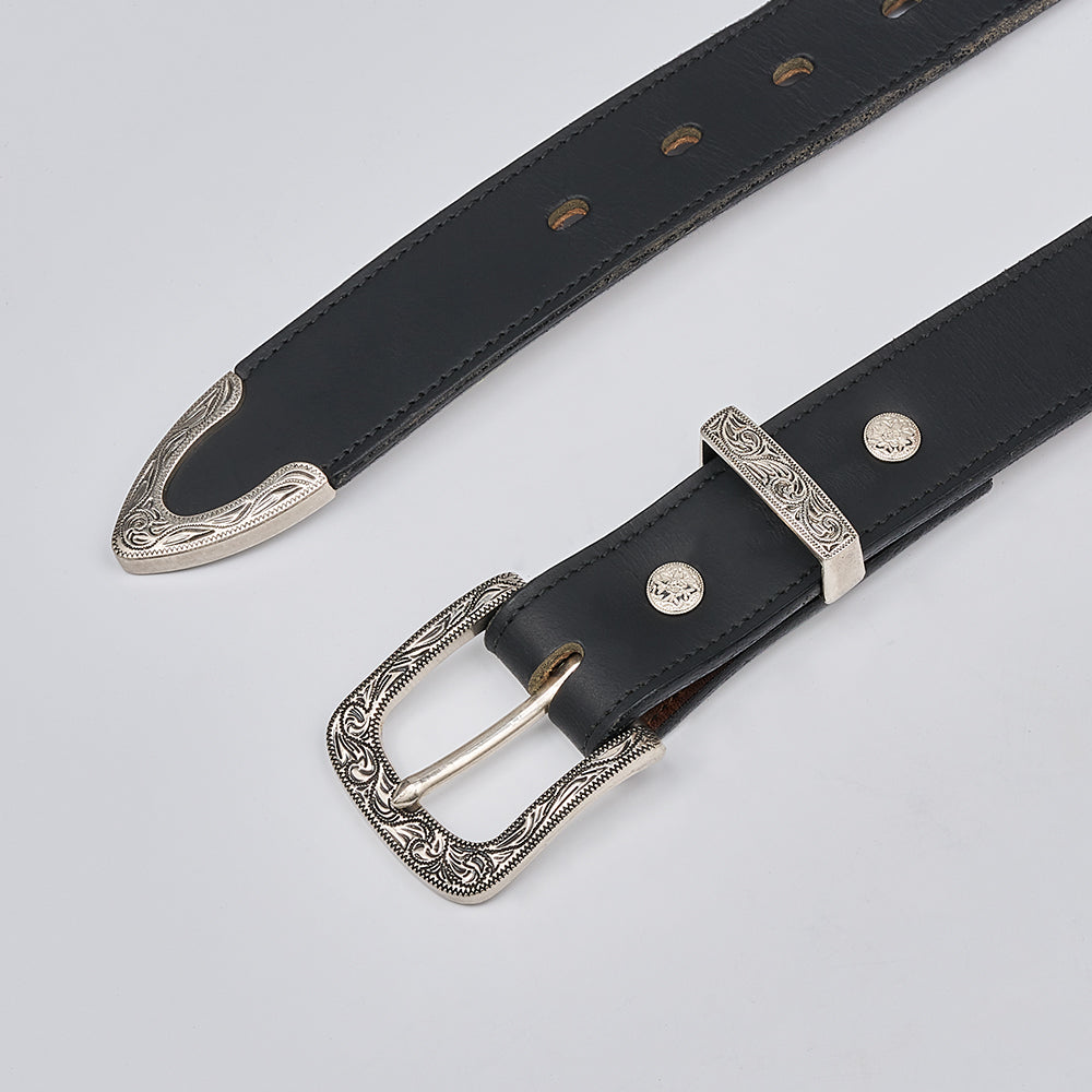 The Dakota Bison by Hanks Belts is a black western belt made from bison leather, showcasing an ornate floral buckle set with engraved silver accents. The belt is displayed flat on a light background.