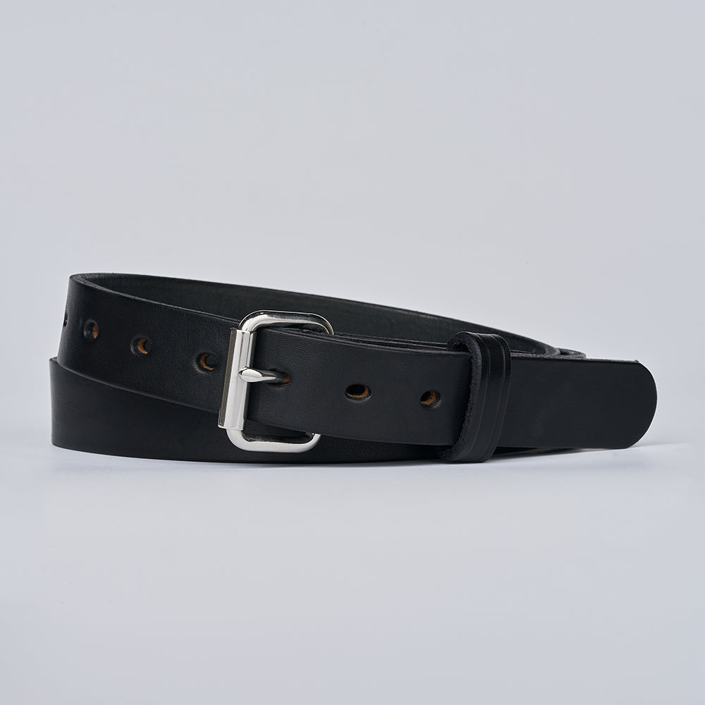 The Deputy gun belt from Hanks Belts is made of black leather with a silver buckle, displayed coiled on a light gray background.